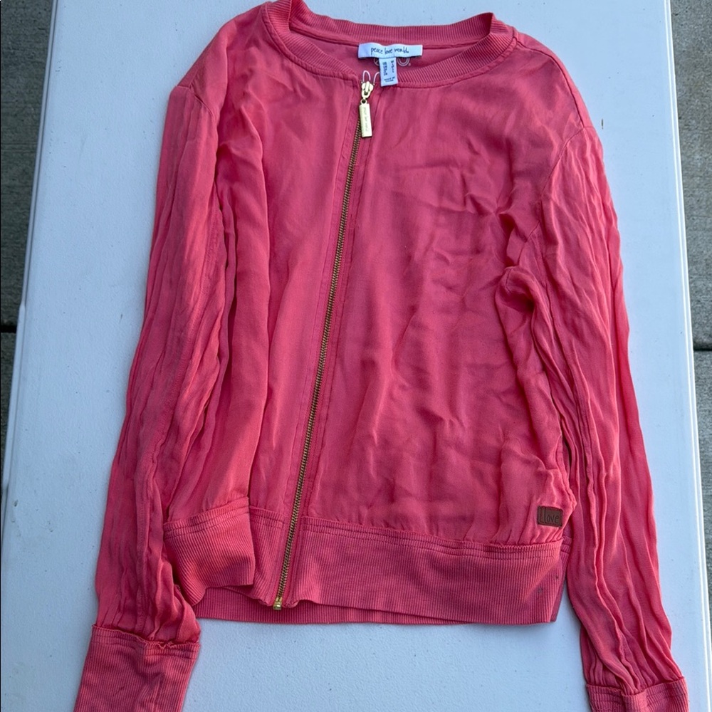 Peace Love World Coral Jacket with Gold Zipper